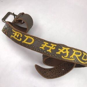 Ed Hardy Distressed Brown Leather Tiger Studded Belt 41" Long